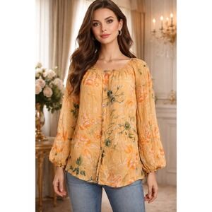 Sundance 100% Silk Floral Blouse Top Large Sheer‎ Button Front Boho Peasant